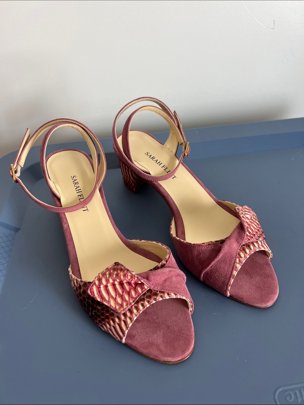 Sarah Flint paige open toe sandals low block heels pink muted purple snakeskin